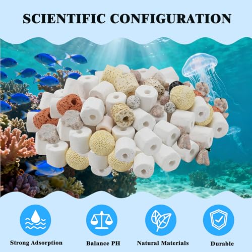 Aquarium Filter Media, 12 in 1 Bio Balls Ceramic Rings Set with Zippered Mesh Bag, Durable Freshwater Marine Biological Filter Media for Fish Tank, Pond, Canister (1.1lb, 500g)