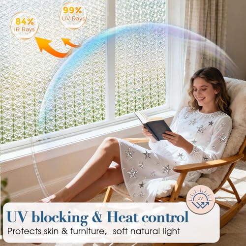 Windimiley 3D Diamond Frosted Window Privacy Film, Static Cling Decorative Glass Covering, No Glue Removable Vinyl, UV Blocking Heat Control for Bathroom Bedroom Door, 11.8 x 78.7 inch