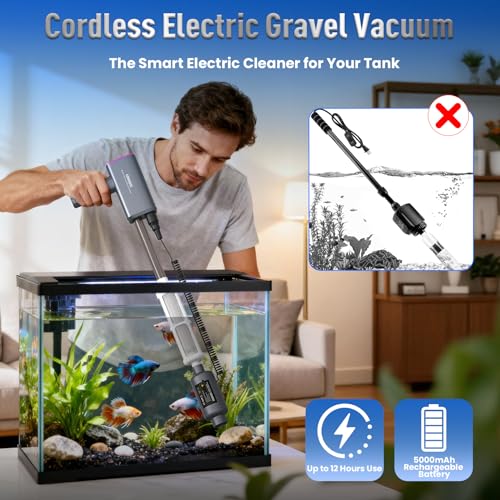 Cordless Electric Aquarium Gravel Cleaner:36W Rechargeable Fish Tank Cleaner with 4 Adjustable Suction, Anti-Clog for Debris Clean & Sand Washing,650GPH Automatic Water Changer for Small/Large Tanks - color: Dark Gray
