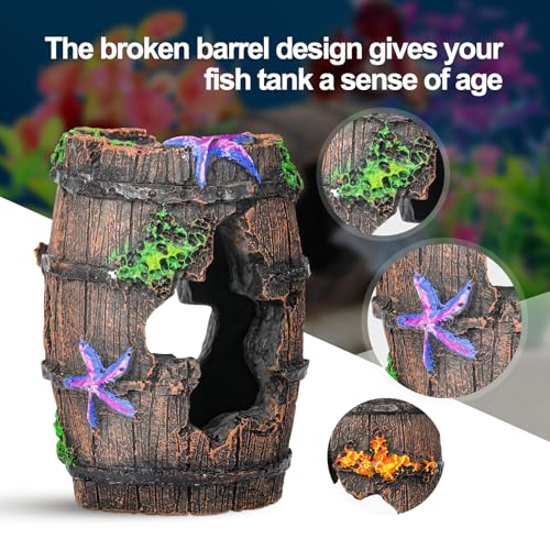 CousDUoBe Fish Broken Barrel Decor Fish Tank Decorations Betta Fish Tank Accessories,Starfish Barrel x 1pc, Aquarium Plants x 8pcs - size: 9 Pcs