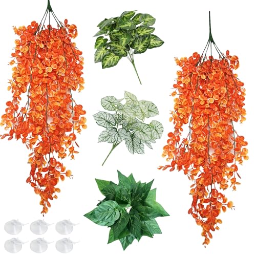Hamiledyi Reptile Plants 5 Pcs Climbing Terrarium Plant with Suction Cup Artificial Decor for Snake Cage Bearded Dragon Tank Accessories for Lizard, Leopard Gecko, Chameleon, Snake (Orange) - size: 5 PCS - Style 5