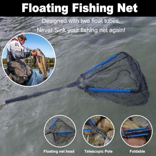 PLUSINNO Fishing Net Fish Floating Landing Net, Kayak Nets with Fixed Foldable Telescopic Pole Handle, Bass Trout Fishing Nets with Nylon Mesh for Pond Lake River, Fishing Gear Gifts for Men Anglers - color: 35”/0.9M Fishing net with tools, size: 0.9m(Ext