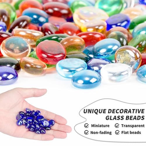 1 LB Blue Flat Glass Beads, 160-180PCS Small Glass Marbles, Mini Flat Round Pebbles for Vase Filler and Floral, Fish Tank Rocks Decorative Gemstones for Home and Aquarium Décor - color: Blue