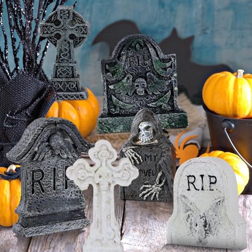 6 Pcs Fluorescent Halloween Miniature Tombstones Mini Village Accessories Resin Halloween Figurines Glow in The Dark Tombstones Ornaments for Fish Tank Cake Decor Landscape DIY Crafts
