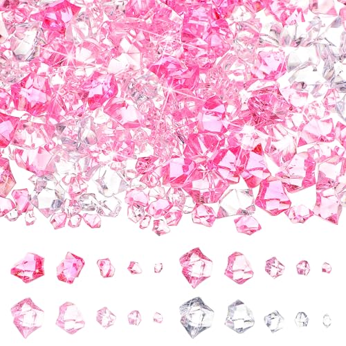 Syhood 570 Pcs 5 Sizes Pink and Clear Fake Crushed Ice Rocks Plastic Gemstones Acrylic Crystal Gems Diamonds for DIY Craft Vase Fillers Fish Tank Makeup Brush Centerpieces Wedding Decor - color: Pink