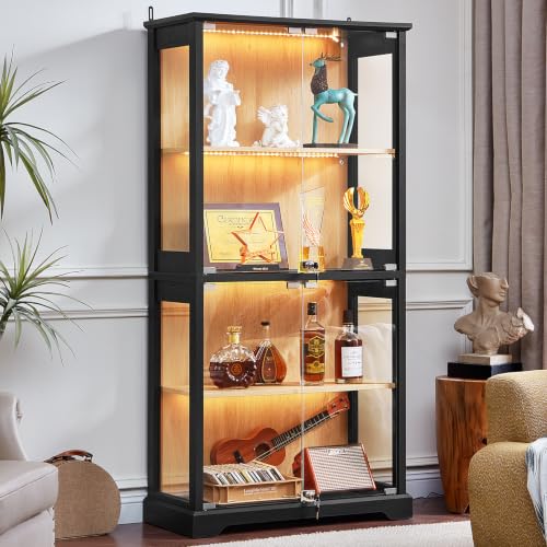 LELELINKY Farmhouse Glass Display Cabinet with Doors, Wooden Curio Cabinet for Collectibles with 3-Color LED Motion-Sensor Light & Reinforced Base, Black - color: Black, size: Single