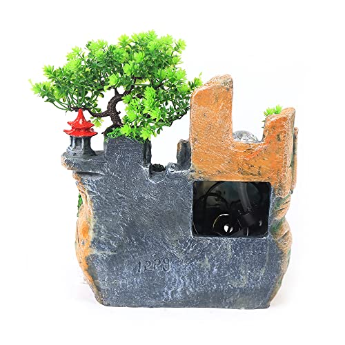 Tabletop Fountain, Indoor Relaxation Desktop Fountain Waterfall,with Rockery,Aquariums,Plant,Atomizing Humidifier, Zen Meditation Rockery Crafts Indoor Waterfall Bonsai Home Decor Office Bedroom (A)