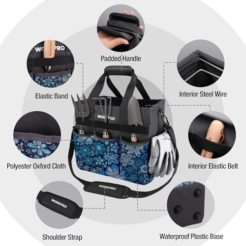 WORKPRO Garden Tool Bag Organizer, Heavy Duty Gardening Tote Bag with 10 Pockets and Long Adjustable Shoulder Strap, Standable Garden Home Tool Kits Organizer, Floral Blue (Tools are not Included) - color: Floral Blue