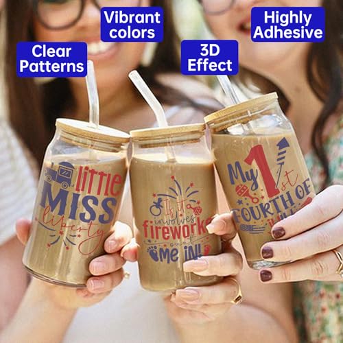 4 PCS Fourth July UV DTF Cup Wrap, Rub on Transfer Stickers for 16oz Glass Mugs, High Viscosity Permanent UV DTF Sticker, Coffee Cups, Water Bottles and Personalized Crafts - style: Fourth July