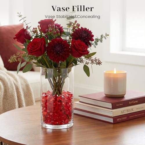DomeStar Red Fake Ice Rocks, 150PCS Acrylic Gems Crystals Plastic Diamonds Centerpiece for Vase Fillers Wedding Party Table Scatter Decorations - color: Red