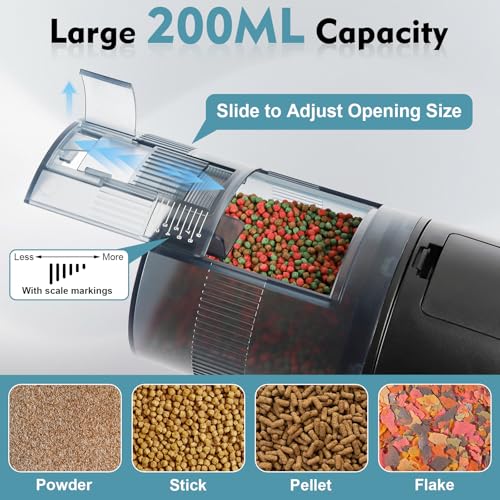 fishkeeper Automatic Fish Feeder for Aquarium: Moisture-Proof Auto Feeders Dispenser for Small Tank Turtle Betta Koi - Battery Food Feeding Timer for Flakes Pellet Vacation Weekend Day - size: 200ML