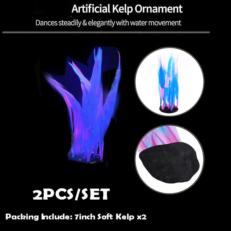 2Pcs Soft Silicone Aquarium Plants Glowing Kelp Fish Tank Plants Decor Artificial Aquarium Plant Decoration Simulation Artificial Water Grass for Fish Tank,Blue,7inch - color: Blue, size: 7inch