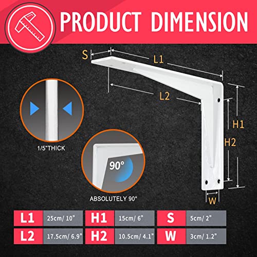 CLT 10” White Shelf Bracket, 1/5" Thick – Heavy Duty Corner Brace, Supports 330 lbs, Industrial Modern Farmhouse Style – Right Angle Bracket for Tables, Benches, DIY Space-Saving Projects (Pack of 4) - size: 10 inches, style: White L Gusset