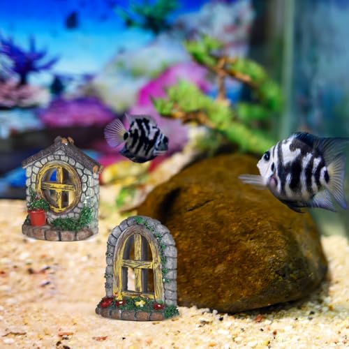 Veemoon 4 Pcs Fairy Garden Accessories Windows and Door Set, Synthetic Resin 2.36x1.97x0.79 Inch Aquarium Decor, Fish Tank Micro Landscape Flower Pot Home Office