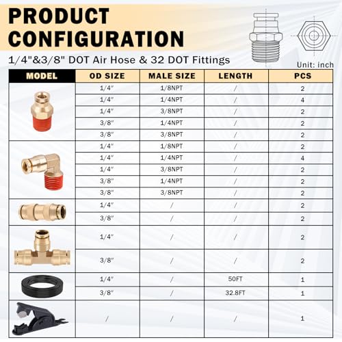 CheeMuii 32 Pcs Brass DOT Air Line Fittings With 50 FT 1/4" and 32.8 FT 3/8" DOT Air Lines Kit 3/8" 1/2" NPT Thread & Quick Connect Fittings for Semi Truck Trailer or Industrial Air System - size: 2ROLL-35PCS