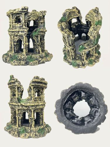 Fish Tank Decor - Antique Roman Column Ruin Decor for Aquarium, Hideout with European Castle Texture for Betta, Guppy, Shrimp - Safe Aquatic Decoration, Fish Hiding House（Cylinder） - color: Medium Colosseum Décor