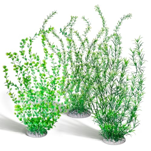Qianyu 3 Pack Aquarium Plastic Decor Fish Tank Decorations Tall Artificial Green Grass Cluster Extra Large 23.6 Inch Underwater Plants Bendable Fish Tank Plants for Freshwater and Saltwater Tanks