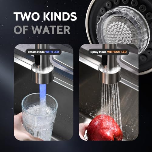 WEWE Kitchen Faucets, Brushed Nickel Kitchen Faucet with Pull Down Sprayer Spring Single Handle Stainless Steel Kitchen Sink Faucet with LED Light Deck Plate for Laundry Rv - color: Brushed Nickel, style: Modern