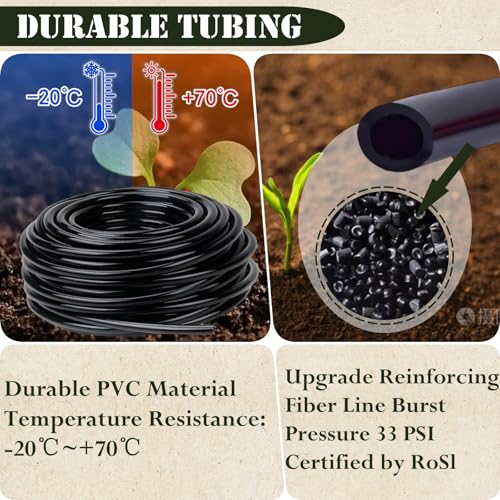 1/4in. Drip Irrigation Tubing - 50FT Drip Line Irrigation System Parts for Garden(Includes 1/4" Straight Connector, Ends, T Connectors, Cable Zip Ties)