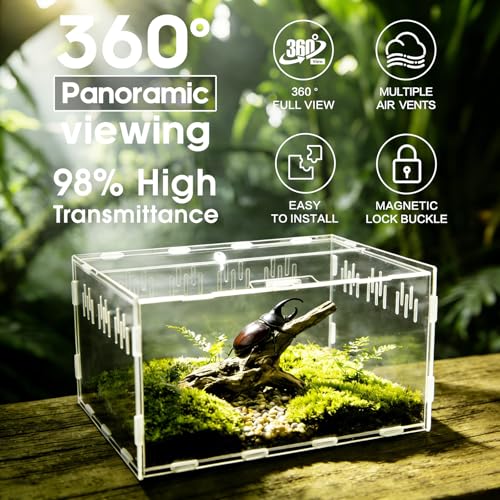 Acrylic Reptile Terrarium, Tarantula Enclosure with Magnetic Door, Easy-Clean Reptile Tank for Spider, Insect, Gecko, Mantis, Frog, Snail, Isopods- 11.4" X 7.8" X 5.9"(Tweezer and Bowl Included) - size: Basic Horizontal - Kit