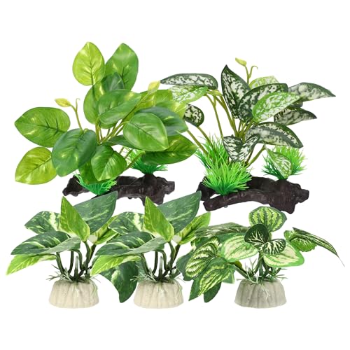 Aquarium Plastic Plants, Driftwood Betta Silk Plants, Silk Plants Aquarium Set Decor, Silk Aquarium Plants for Betta Fish (Green, 5pcs)