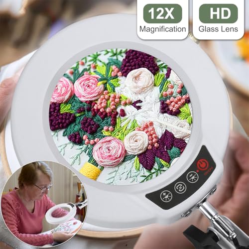 12X Magnifying Glass with Light and Stand, Upgrade Button 5 Color Modes Stepless Dimmable, 2-in-1 LED Lighted Magnifier Light, Hands Free Desk Lamp with Clamp for Craft Hobby Close Work - White - color: White, size: 12X 17.8inch Base & Clamp
