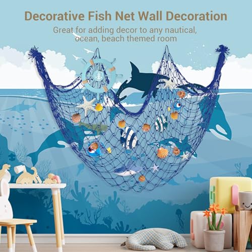 80x40 Inch Decorative Fishing Net w/Shells & Clips, 3mm Thickness Navy Blue Natural Cotton Large Photo Hanging Fishnet, Wall Party Decorations for Nautical Pirate Hawaii Mermaid Themed Party - color: Dark Blue, size: Large - 1 Pack with shells