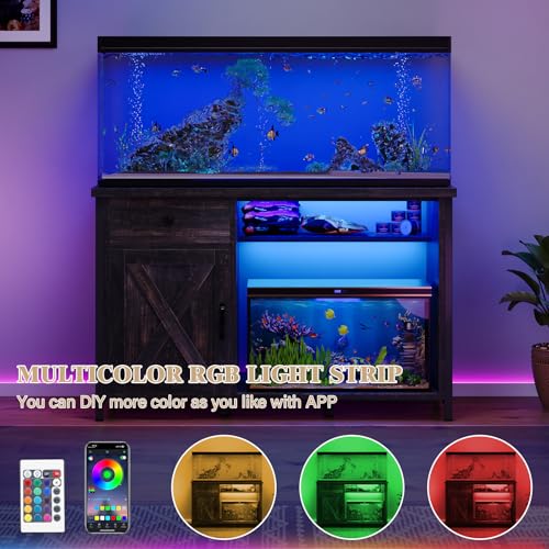 4ever2buy 55-75 Gallon Fish Tank Stand with Power Outlets, LED Light, Heavy Duty Aquarium Stand with Cabinet for Fish Tank Accessories Storage, for Turtle Tank, Reptile Terrarium, 1100LBS, Oak - color: Dark Oak