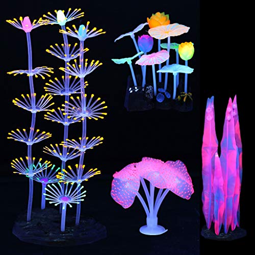 4 Pack Glow Aquarium Decorations Coral Anemone Lotus Leaf Seaweed Simulation Glow Plant Glowing Effect Silicone for Fish Tank Decorations - color: 4 Pcs(branch Coral+anemone+lotus Leaf+seaweed)