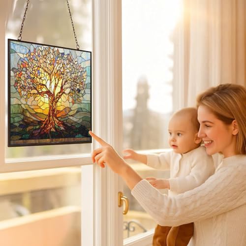 Retangle Art Nouveau Tree of Life Stained Glass Window Hanging Window Suncatcher Glass Panel with Metal Chain Sun Catchers Wall Art Home Decor Gift for Women Mother's Day - color: Art Nouveau Tree of Life 2, size: 9.4x7.1 IN