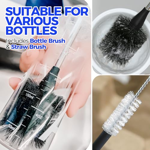 Holikme Bottle Brush Cleaner Set, 14" Long Handle Stainless Steel Bottle Cleaner Brush, 3 Straw Cleaner Brush, Bottle Cleaning Brush for Water Bottle, Cups, Abrasive Wheel Brushes, Straws Black - color: Black