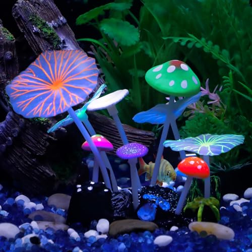 Uniclife Aquarium Coral Plant Ornament with Glowing Effect Imitative Mushroom Lotus Leaf Decoration Addition Colorful Lifelike Silicone Decor for Fish Tank Landscape - size: Mushroom&Lotus