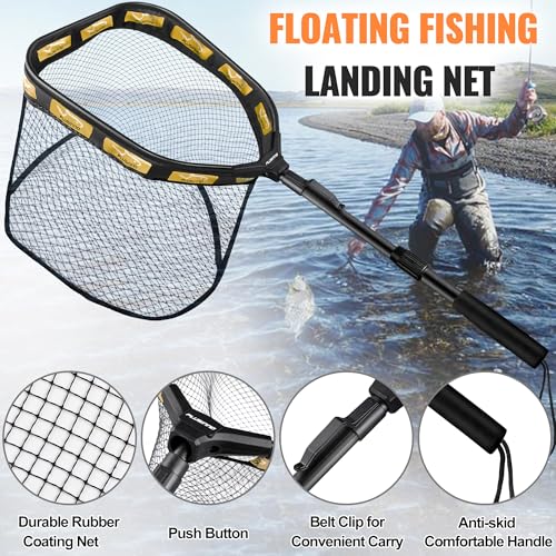 PLUSINNO Floating Fishing Net for Steelhead, Salmon, Fly, Kayak, Catfish, Bass, Trout Fishing, Rubber Coated Foldable Landing Net with Fixed or Telescoping Pole Handle, Fishing Gear and Gifts for Men - color: 11.8"/30cm Hoop Size 1.0M Orange (Telescopic)