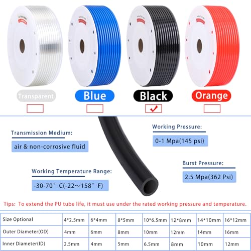 VerRich Pneumatic Tubing Pipe Pu Hose,Black 4mm OD x 2.5mm ID 160 Meters 525 FT PU Air Hose Line Tube for Air Compressor Transfer - color: Black, size: OD4mm*ID2.5mm 525 FT(160 Meters)