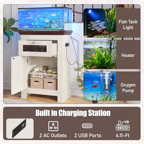 10-15 Gallon Fish Tank Stand, Farmhouse Aquarium Stand with Power Outlets, Storage Cabinet and Drawer, Wood Fish Tank Table for Reptile/Turtle/Terrarium Tank, 198LBS Capacity, Beige