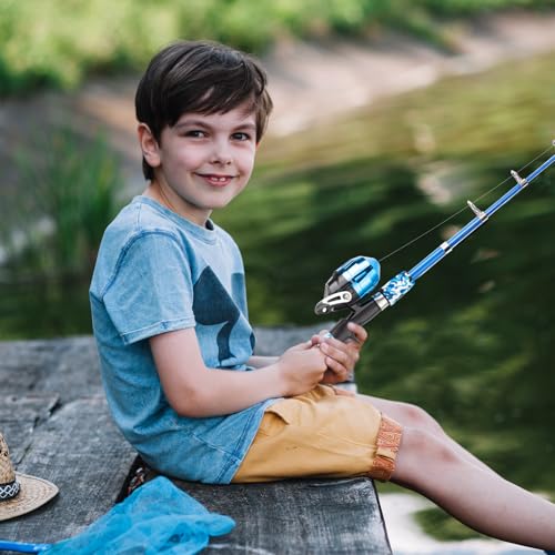 Kids Fishing Pole, Portable Telescopic Kids Fishing Poles for Boys and Girls, Fishing Rod and Reel Combo Kit with Tackle Box, and Fishing Net, Best Fishing Pole for Toddler Youth - color: BLUE