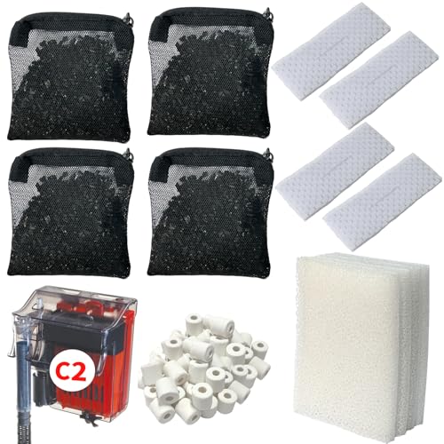 2 Aquarium Filter Media Kits Compatible with Fluval C2 (30 Gal) Aquarium Power Filter, Includes 4 Pack Foam Pads, 4 Pack Tarpaulins, 4 Pack Activated Carbons and 1 Pack Ceramic Ring - size: C2 Series