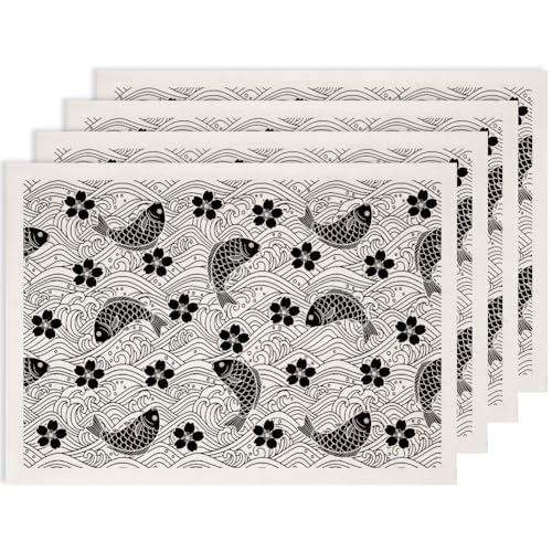 SUPERDANT 4PCS Fish Flowers Underglaze Paper Transfer Blossoms Transfer Paper for Clay Ceramic Porcelain Under Glaze Transfers for Pottery Enamel Decals Black Underglaze Decal Papers - style: Fish and Flower