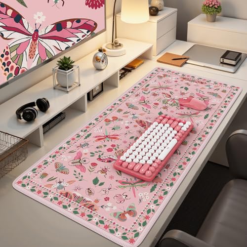 iCasso Pink Desk Pad Mat, XXL Large Mouse Pad, Desk Matt for Desktop, Anti-Slip Big Mousepad with Stitched Edges, Mouse Mat for Computer(Pink) - color: Butterfly-pink