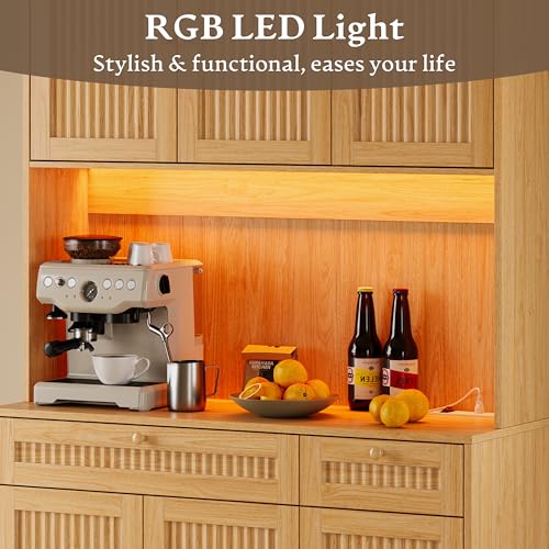 BORNOON Pantry Cabinet with Charging Station and Light, Tall Kitchen Pantry Storage Cabinet with Microwave Stand, Wide Fluted Kitchen Hutch with Storage Drawers and Adjustable Shelves for Dining Room - color: Oak, size: 6-Door