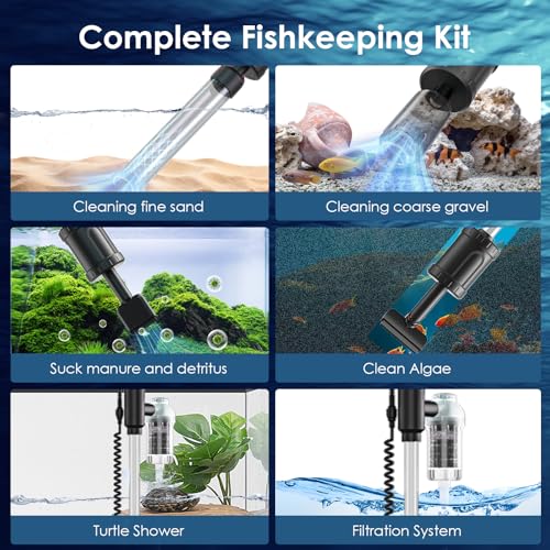AKKEE Aquarium Vacuum Gravel Cleaner Handle Control, 8 in 1 Multifunctional 36W Electric Fish Tank Cleaner Vacuum for Automatic Water Change, Wash Sand, Water Circulation and Timed Off, Black