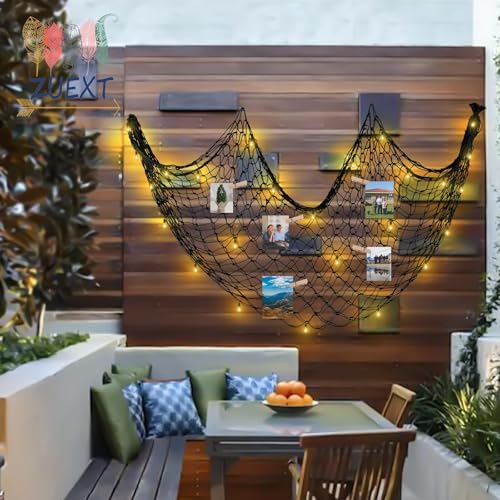 ZUEXT Decorative Fishing Net 5x10 ft, Large Black Picture Fish Net, Wall Photo Hanging Fishnet for Nautical Gothic Pirate Ocean Themed Beach Under The Sea Party Decorations, 3mm Thick Cotton Table Runner Wall Net Decor - color: Black, size: 5 ft x 10 ft -