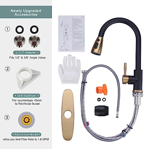 Black and Gold Kitchen Faucet with Sprayer, WOWOW Kitchen Sink Faucet Stainless Steel Single Handle Kitchen Faucets with Deck Plate, 360 Swivel High Arc Single Hole RV Kitchen Faucet - color: Black & Gold, style: Kitchen Faucet