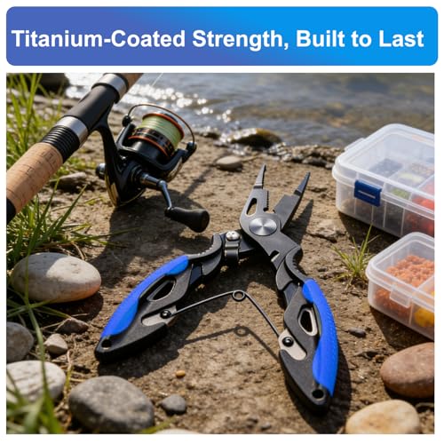 Titanium Coated Micro Fishing Pliers Precision Split Ring Pliers for Ultralight Fishing with Storage Pouch & Lanyard Blue - color: Blue
