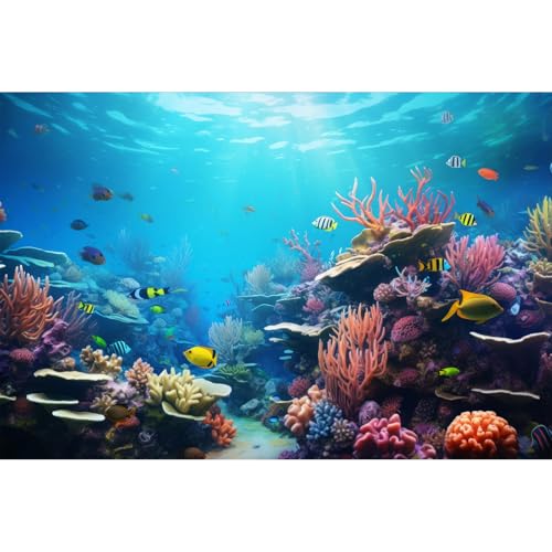 Under The Sea Aquarium Background Vibrant Underwater Wonderland Terrarium Backdrop Coral Reef with Breathtaking Fish Tank Background Deep Ocean Underwater with Sunbeams Backgrounds 24x12in - color: Reef Blue, size: 24(W)x12(H)in