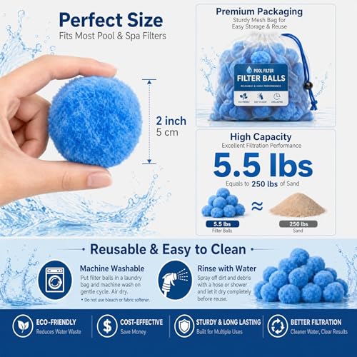 5.5 Lbs Pool Filter Balls for Sand Filter, Reusable Eco-Friendly Pool Sand Filter Balls (Equals 250 lbs Pool Filter Sand) with Wash Bag, Blue Pool Filter Media Balls for Swimming Pool - color: Blue, size: 5.5 LBS