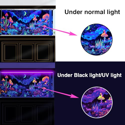 30X18IN Blacklight Mushroom Flower Black Light Aquarium Background, UV Fish Tank Background Moonlight Mountain Forest Landscape Terrarium Background with 10 EVA Double-Sided Tape - size: 30X18in/75X45cm