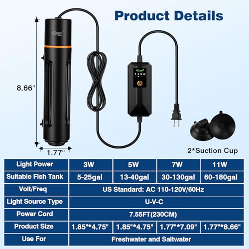 hygger 11W Aquarium U-V Light with Timer, 360° Protective Shield Clean Lamp for Green Water & Algae, Amphibian Small U-V Light for 60-180 Gal Freshwater & Saltwater Fish Tanks - size: 8.66inch