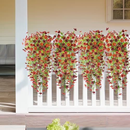 ZFProcess Artificial Hanging Flowers Plants for Outdoor Spring Decoration, 2PCS Faux Silk Daisy UV Resistant Look Real for Outside Home Indoor Planter Porch Garden Yard Decor(Red Brown) - color: A Red Brown