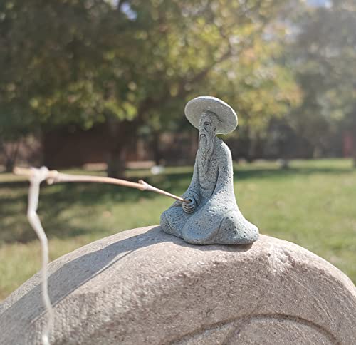 livelyfish Mini Fisherman Statue Asian Zen Decoration Sitting Fishing Figurines Sandstone Vintage Ornament for Aquarium Fish Tank Pot Garden Home Japanese Decor (B) - color: B